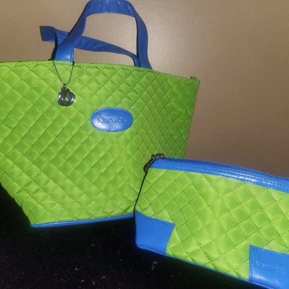 NORWEX LIME GREEN & Blue QUILTED BAG & Makeup Case SET NEW - Picture 1 of 7